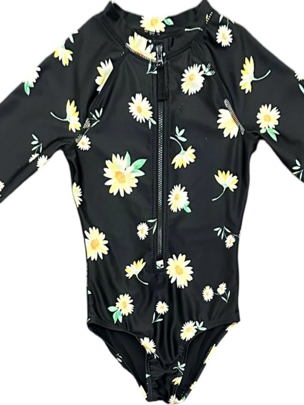 Old Navy Black Daisy Print Long Sleeve Rashguard One-Piece Swimsuit - Size 6-7